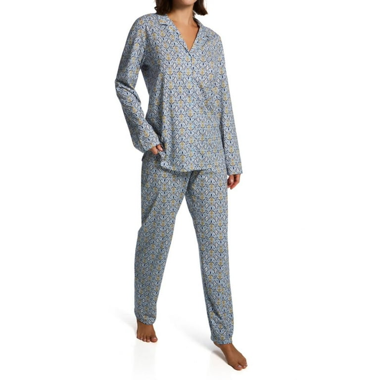 Women s Calida 40496 Ornament Nights Button Front Pajama Set Placid Blue Multi XS