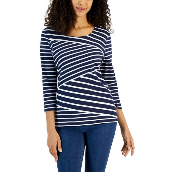 Women's Callie Asymmetrical-Stripe 3/4-Sleeve Top Intrepid Navy XL