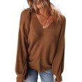 thumbnail image 1 of Women's Camel Ribbed Knit Drop Sleeve V Neck Loose Fit Sweater - Cozy & Chic - [ZhiHiMeRi] | (US 12-14)L, 1 of 12