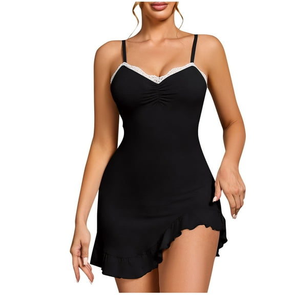 Women's Cami Mini Dress Lace Trim V Neck Adjustable Spaghetti Strap Asymmetric Ruffled Hem Chemise Nightgown (L, Black)