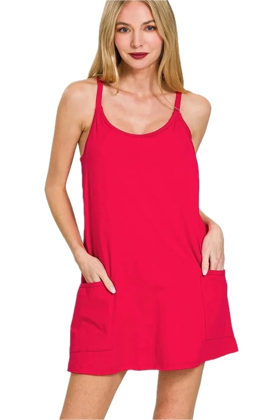 Women's Cami Mini Dress with Built in Romper Liner Pocketed Lightweight Summer Dress Everyday 95% Cotton 5% Spandex