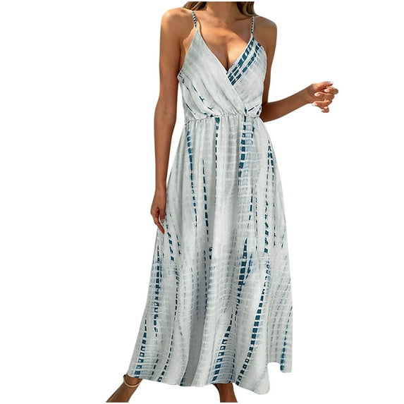 Women's Cami Sling Long Dress Sleeveless Wrap V-neck Straps Tie Dye/Leopard Print Summer Casual Beach Dress