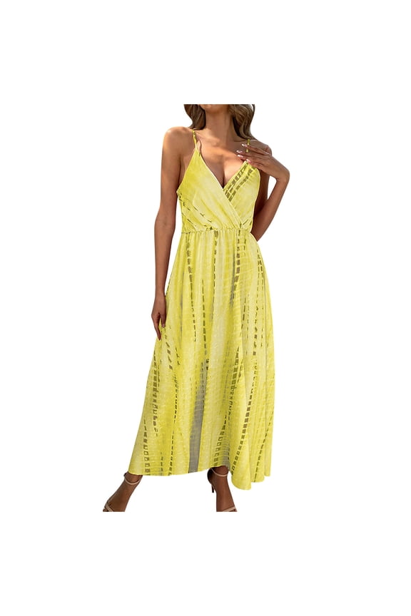Women's Cami Sling Long Dress Sleeveless Wrap V-neck Straps Tie Dye/Leopard Print Summer Casual Beach Dress