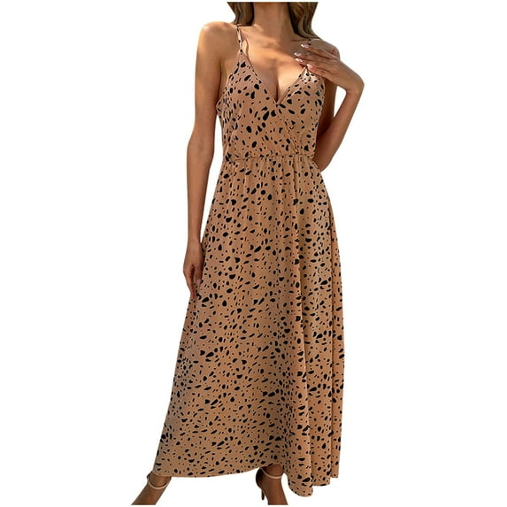 Women's Cami Sling Long Dress Sleeveless Wrap V-neck Straps Tie Dye/Leopard Print Summer Casual Beach Dress