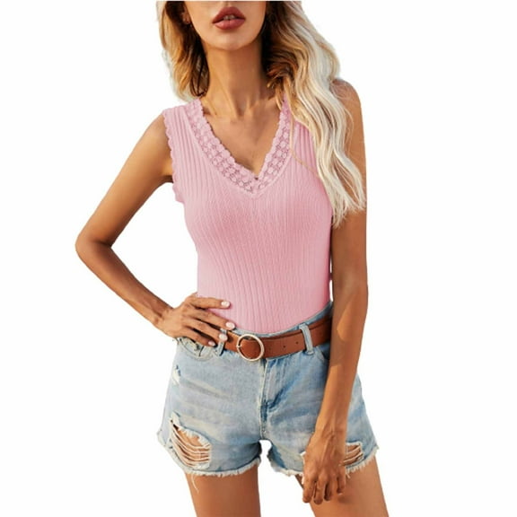 Women's Cami Tank Top Lace Trim V Neck Sleeveless Shirt Ribbed Knit Slim Fitted Tops Fashion Summer Blouses for Vacation