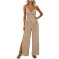 thumbnail image 1 of Women's Cami V Neck Jumpsuits Split Wide Leg Jumpsuit Waist Ruched Full Length Overalls Summer Beachwear Loungewear with Pockets Khaki M, 1 of 6