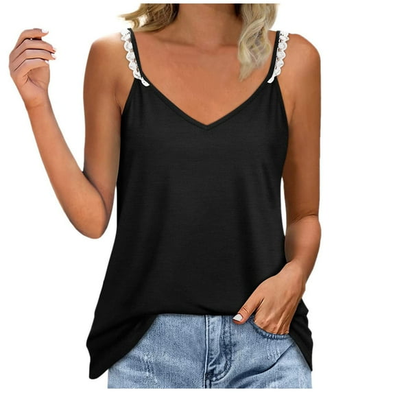 Women's Cami V Neck Tank Tops Loose Fit Flowy Spaghetti Strap Camisole Summer Casual Solid Color Sleeveless Shirts