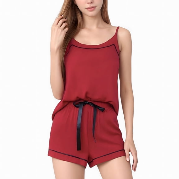 Women's Cami and Shorts Pajama Set with Contrast Trim and Adjustable Waist Tie - Large, Red