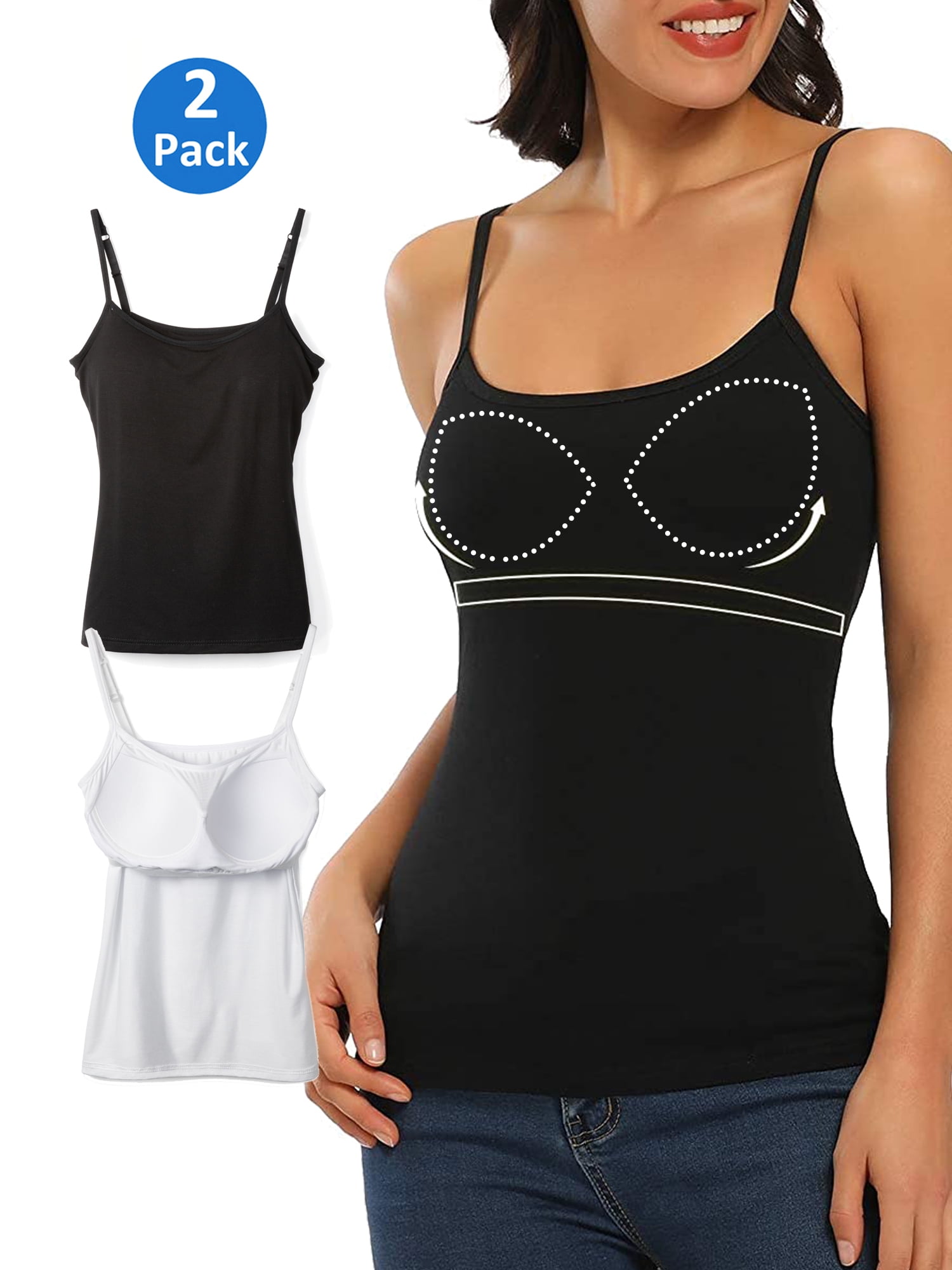 【2点☆】DEPT SILENT PADDED CAMISOLE Women's Cami with Built-in Bra Adjustable Strap, 2 Pack Summer