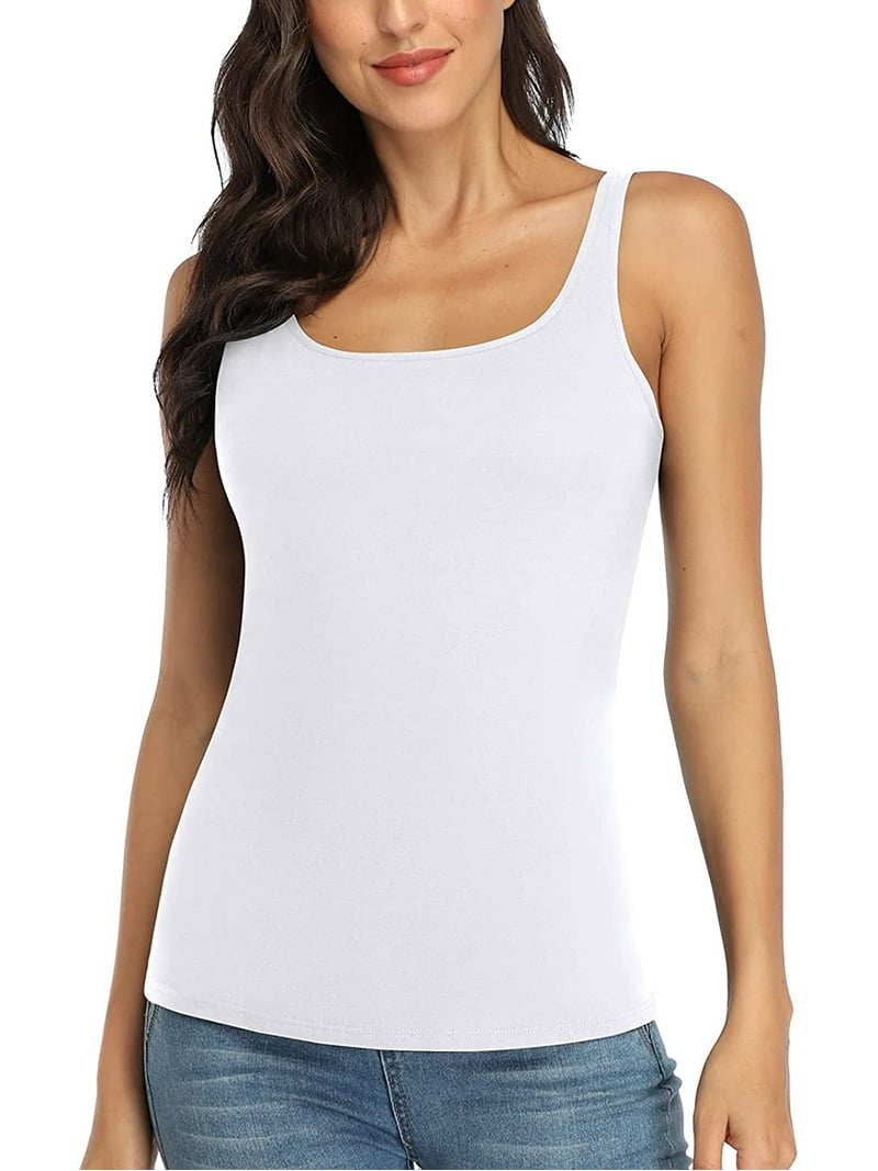 COMFREE Women's Cotton Tank Tops With Built-In Bra - Adjustable Strap Cami - Black/White/Gray