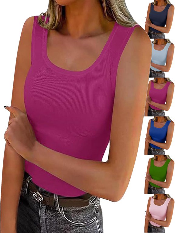 Women's U-Neck Solid Color Ribbed Tank Top - Slim Fit Sleeveless Summer Basic Layering Shirt S-2XL