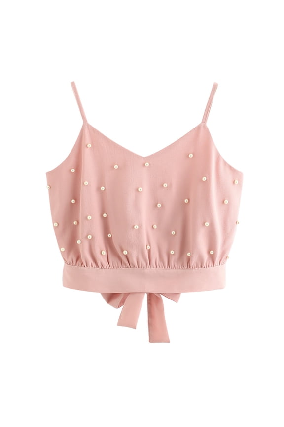 Women's Camisole Tank Top Beading Pearl Sleeveless Solid Chiffon Blouse Undershirt