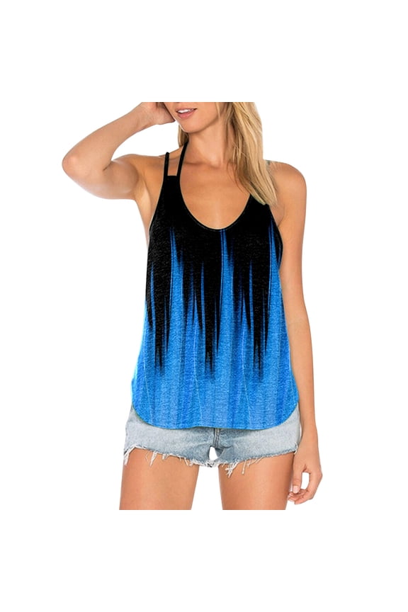 Women's Camisole Tank Top Casual Summer Open Back Strap Printed Undershirts,Blue,XL