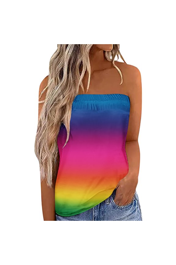 Women's Camisole Tank Top Multicolor Gradient Strapless Bandeau Sleeveless Looses Undershirt,Pink,2XL