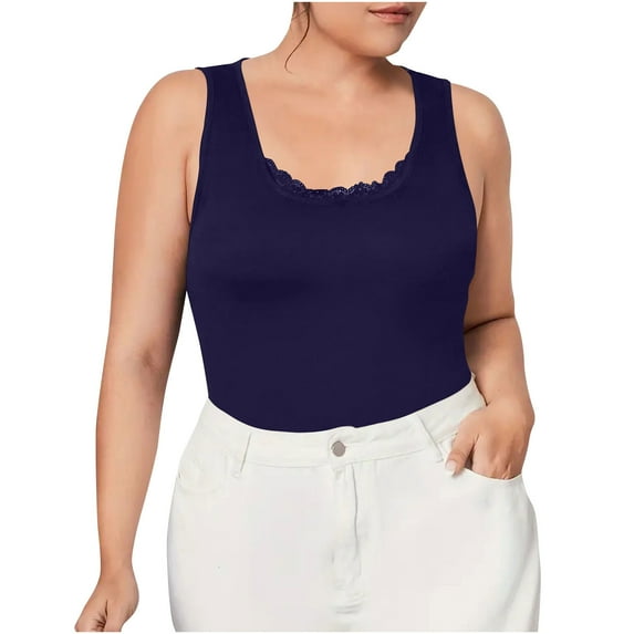 Women's Camisole Tank Top New Plus Size Solid Color Lace U-neck Camisole Sleeveless Women’s Camisole 2026 Dark Blue 5XL