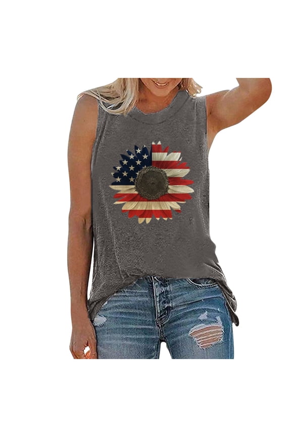 Women's Camisole Tank Top Printing Sleeveless Loose Sunflower O-Neck Blouse Undershirts