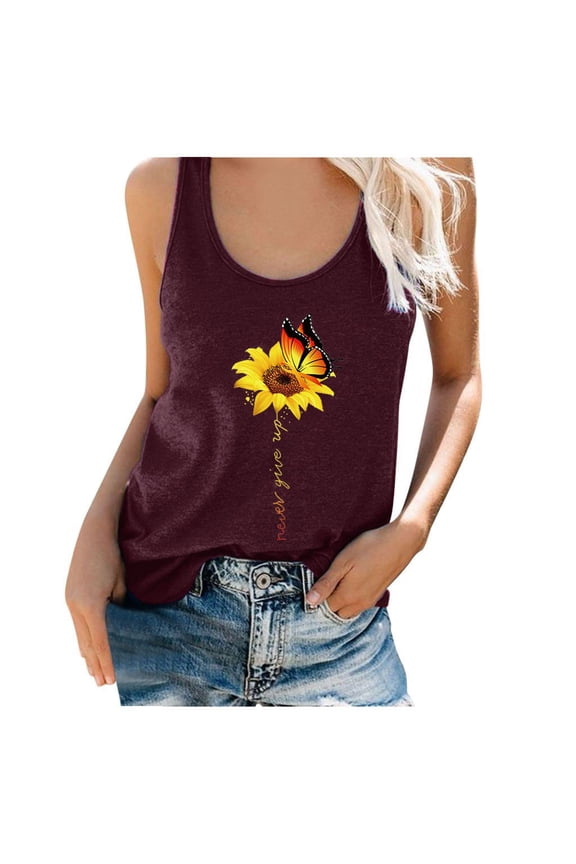 Women's Camisole Tank Top Round Sunflower Neck Print Sleeveless T Undershirt