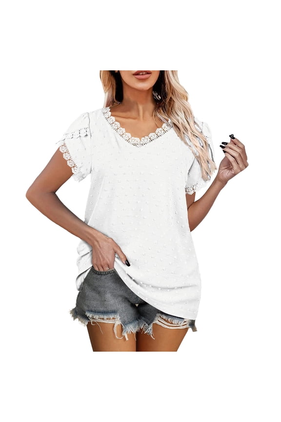Women's Camisole Tank Top Solid Color Blouse V Neck T Lace Sleeve Loose Blouse Undershirt,White,L