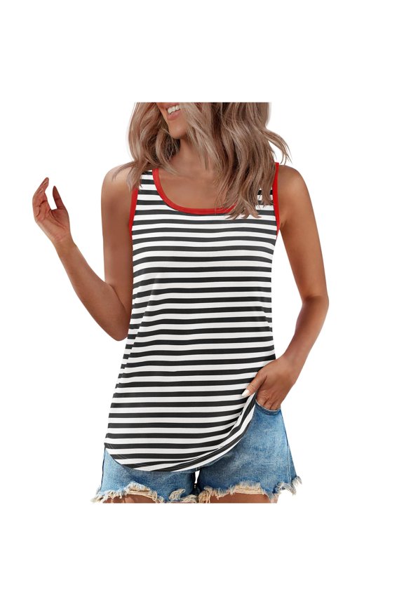 Women's Camisole Tank Top Striped Contrasting Vest Loose Sleeveless Undershirts,Black,L