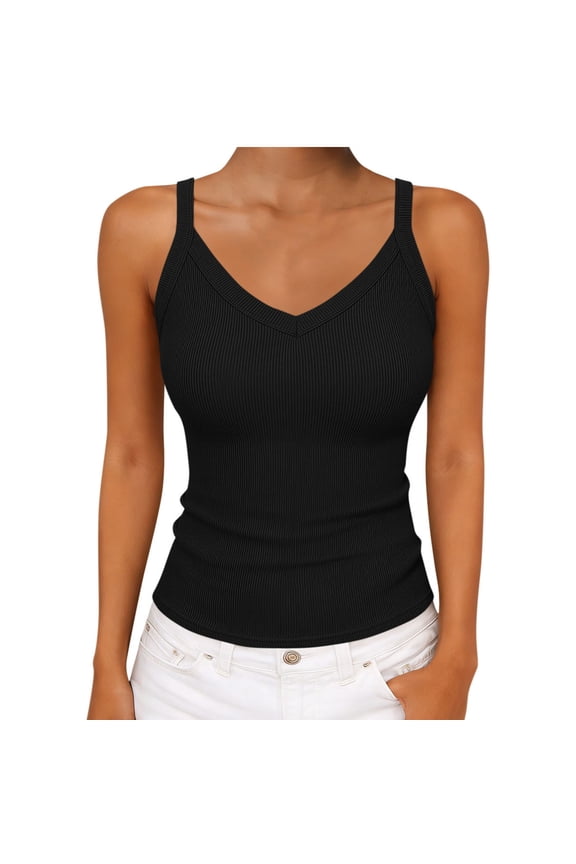 Women's Camisole Tank Tops Sleeveless Cotton Slim Fitted V Neck Ribbed Knit Solid Basic Cami Tee Shirts (L, Black)
