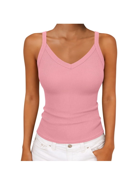 Women's Camisole Tank Tops Sleeveless Cotton Slim Fitted V Neck Ribbed Knit Solid Basic Cami Tee Shirts (L, Pink)