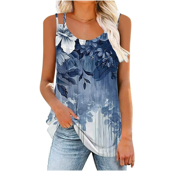 Women's Camisole Tops Fashion Double Spaghetti Strap Pleated Tank Top Summer Lightweight Sleeveless T-Shirts Casual Loose U-Neck Blouses Long Vest Top