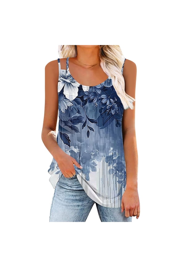 Women's Camisole Tops Fashion Double Spaghetti Strap Pleated Tank Top Summer Lightweight Sleeveless T-Shirts Casual Loose U-Neck Blouses Long Vest Top