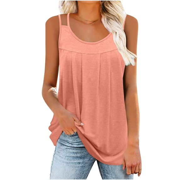 Women's Camisole Tops Fashion Double Spaghetti Strap Pleated Tank Top Summer Lightweight Sleeveless T-Shirts Casual Loose U-Neck Blouses Long Vest Top