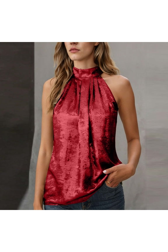 Women's Camisole Tops Halter Mock Neck Sleeveless Blouse Solid Color Pleated Summer Cocktail Party Wedding Guest Dressy Tops