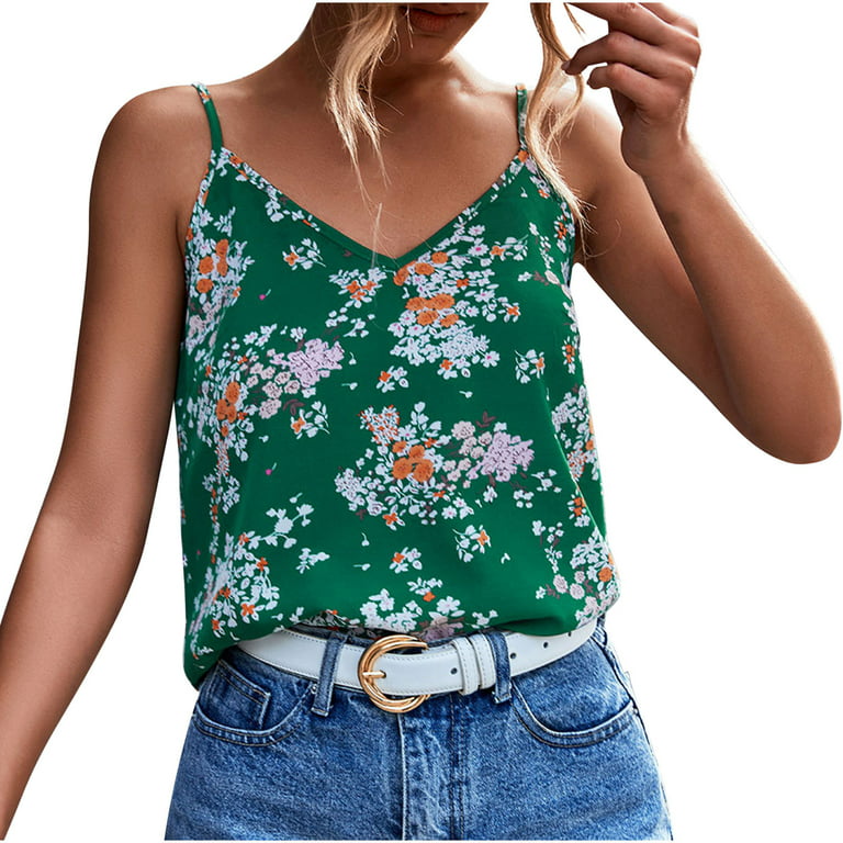 GDJGTA Women Summer V Collar Floral Printed Broken Flowers Sleeveless  Casual Daily Cool Cute Shirt Tank Top Blouses