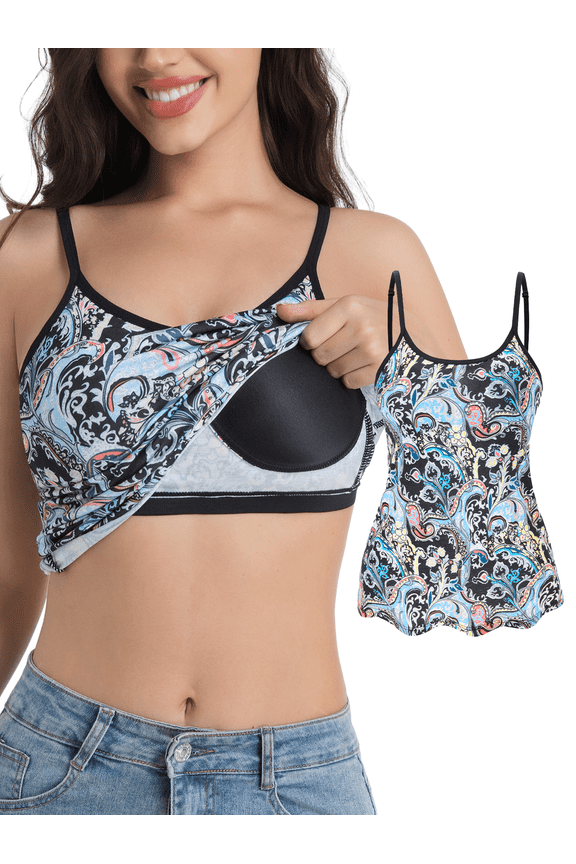 Women's Camisole with Built in Bra Tank Tops for Layering Stretch Casual Undershirts Adjustable Strap Womens Print Basic
