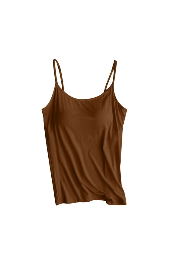 Women's Camisole with Shelf Bra, Soft Cotton Spaghetti Strap Cami Tops Built in Bra Cozy Undershirts (3XL, Brown)