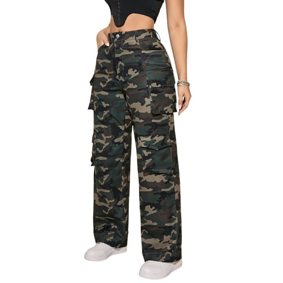 Women’s Camo Cargo Pants – High Rise Wide Leg Baggy Pants with Flap Pockets Casual Streetwear