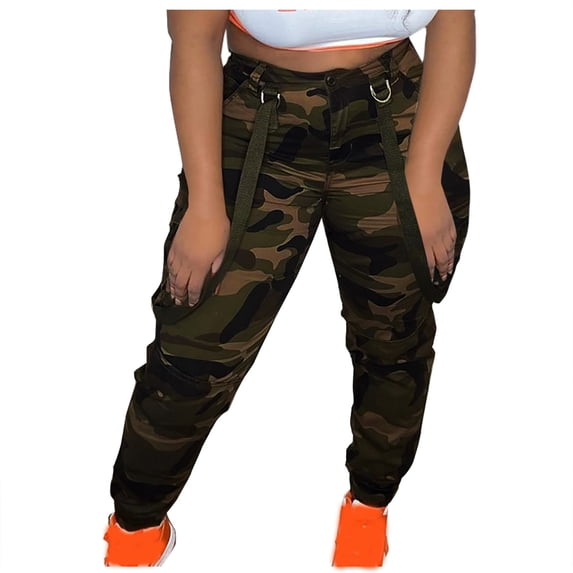 Women's Camo Cargo Pants High Waisted Streetwear Jogger Trousers with Straps Multi-pocket Baggy Pants Camouflage S