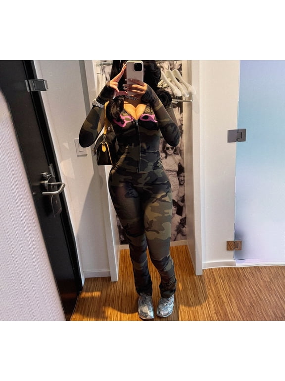 Women’s Camo Hooded Two-Piece Tracksuit Set, Fashion Long-Sleeve Hoodie & Slim Fit Flared Pants, Trendy Streetwear Athleisure Outfit, Casual Workout Matching Set for Daily Wear
