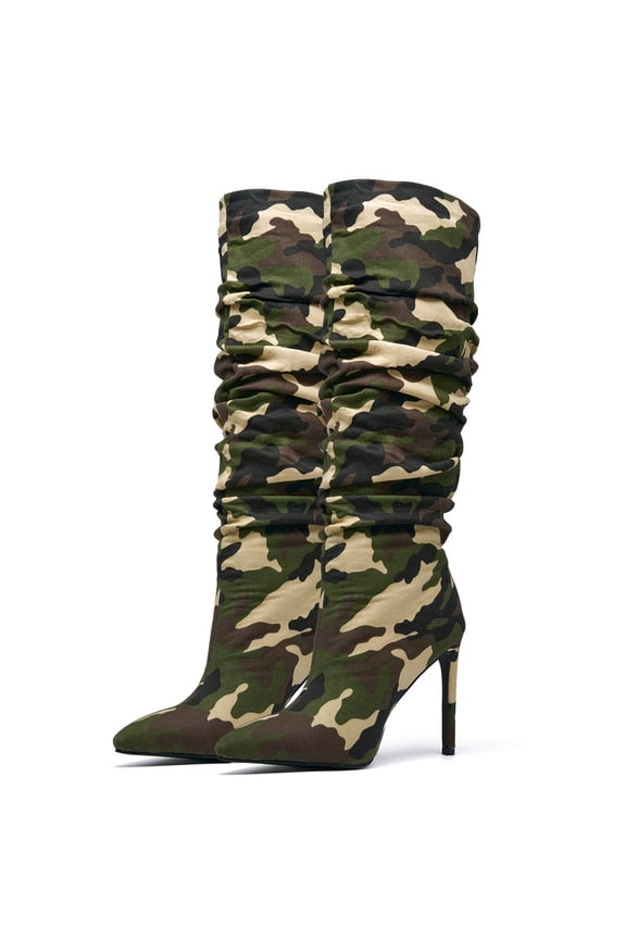 Women's Camo Knee High Slouch Stiletto High Heels Boots Pointed Toe Casual Pull On Party Dress Camouflage Tall Boots For Girl 6