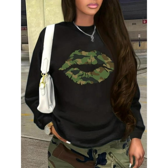 Women's Camo Lip Print Sweatshirt, Women's Long Sleeve Pullover Tops, Fall Graphic Tees, Winter Crew Neck T-Shirt，Classic，cotton，black，S-3XL