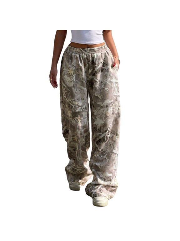Women's Camo Maple Leaf Print Sweatpants Baggy Hip Pop Elastic Waist Long Pants Streetwear