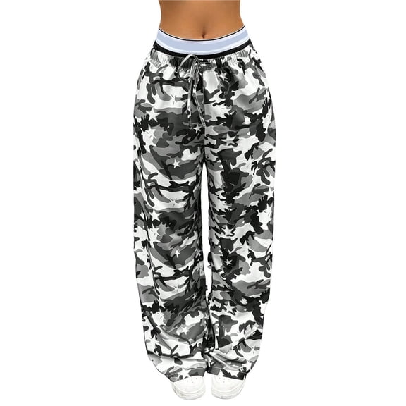 Women's Camo Palazzo Lounge Pants Patched Elastic Waist Casual Loose Trousers Gray M
