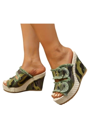 Women's Camo Platform Wedge Sandals Slip On Espadrilles Heeled Slides Buckle Strap Open Toe Canvas Mules Summer Beach Shoes Green Size 9.5