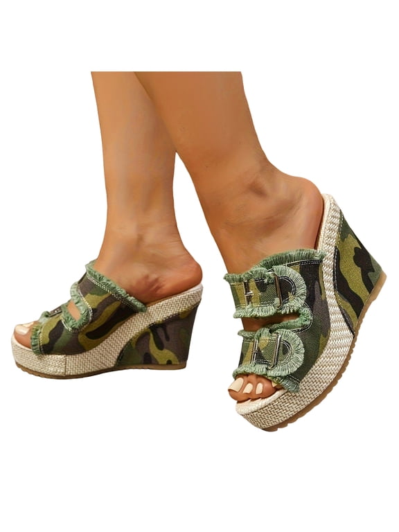 Women's Camo Platform Wedge Sandals Slip On Espadrilles Heeled Slides Buckle Strap Open Toe Canvas Mules Summer Beach Shoes Green Size 9.5