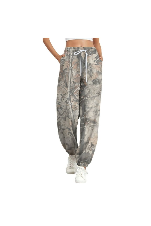 Women's Camo Sweatpants Drawstring High Waisted Active Joggers Pants Maple Leaf Print Lounge Pants Wide Leg Workout Trousers with Pockets complexion Medium