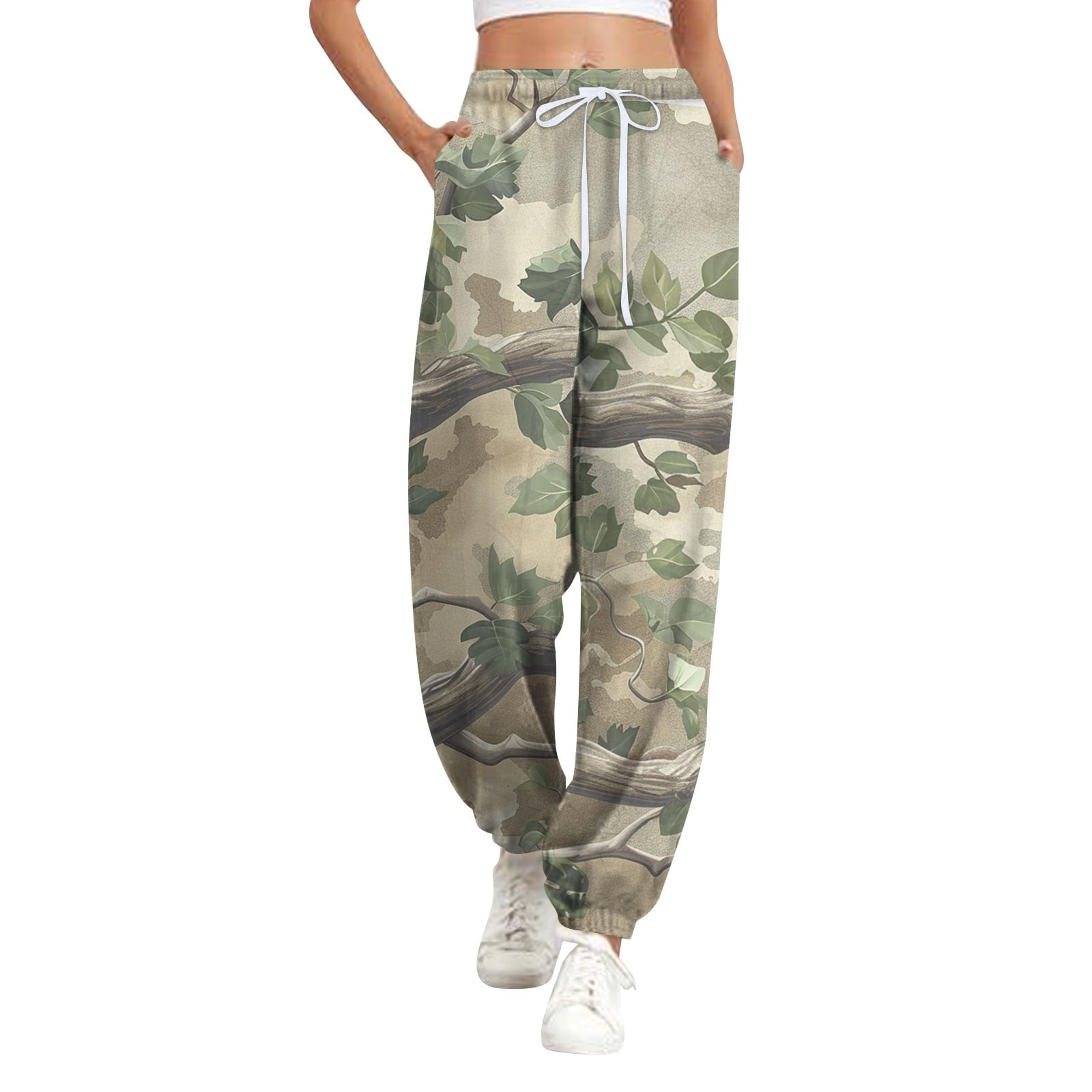 Women s Camo Sweatpants Drawstring High Waisted Workout Trousers Maple Leaf Print Lounge Pants Wide Leg Active Joggers Pants with Pockets green Small Walmart