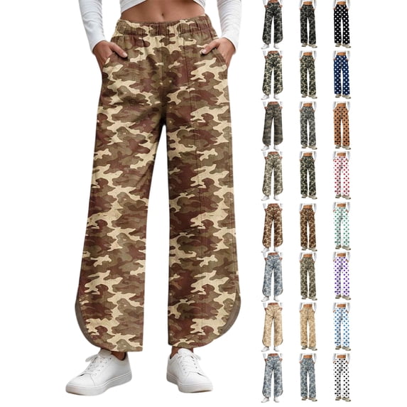 Women's Camo Wide Leg Pants High Waisted Elastic Waist Lounge Pants with Pockets Tulip Hem Casual Cropped Ankle Lenght for Daily Outdoor Wear Soft Comfy