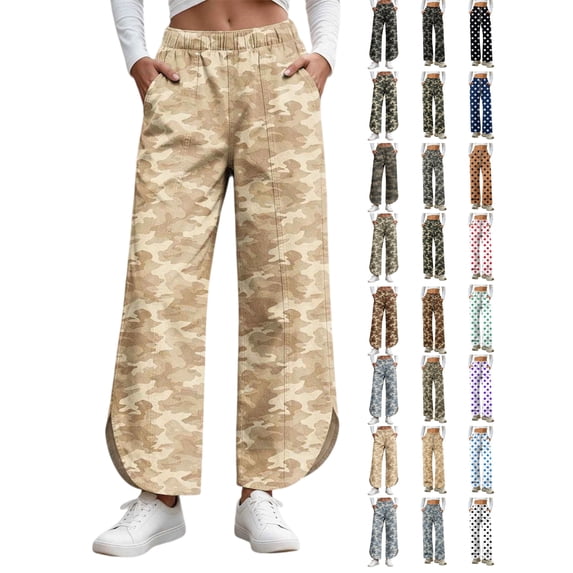 Women's Camo Wide Leg Pants High Waisted Elastic Waist Lounge Pants with Pockets Tulip Hem Casual Cropped Ankle Lenght for Daily Outdoor Wear Soft Comfy