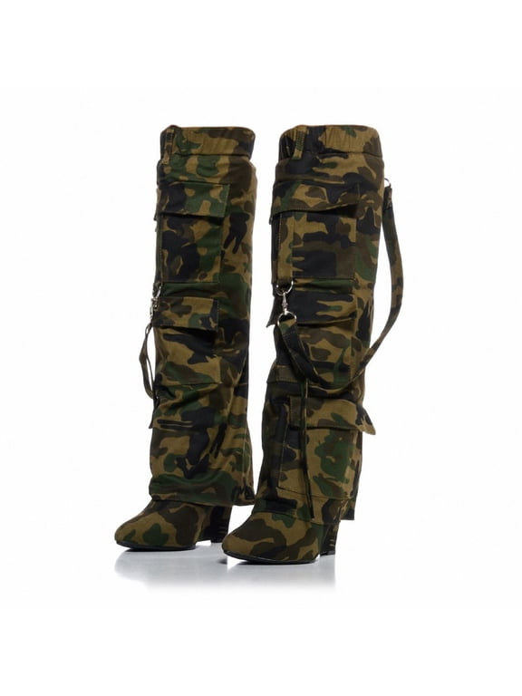 Women's Camouflage Cargo Knee High Boots ,Slouchy Wedge High Heel Boots with Multi Pockets, Military Camo Over-the-Knee Utility Boots for Rave, Y2K Streetwear, Music Festivals