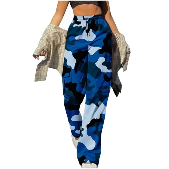 Women's Camouflage Cargo Pants High Elastic Waistband Drawstring Workwear Pants Casual Sports Pants With Pockets (L, Blue)