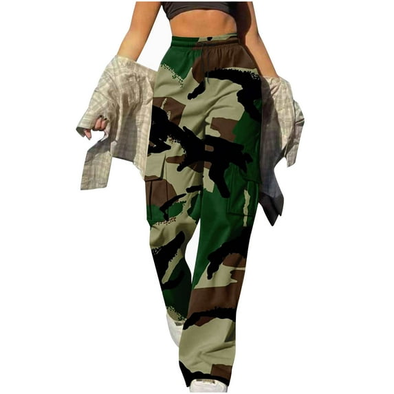 Women's Camouflage Cargo Pants High Elastic Waistband Drawstring Workwear Pants Casual Sports Pants with Pockets (3XL, Army Green)