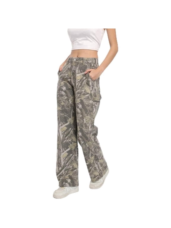 Women's Camouflage Cargo Pants High Waisted Straight Leg Y2K Baggy Trousers with Pockets