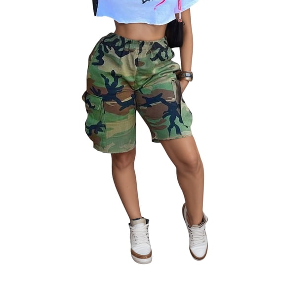 Women’s Camouflage Cargo Shorts – High Waist Casual Summer Multi-Pocket Utility Shorts for Outdoor Hiking Streetwear